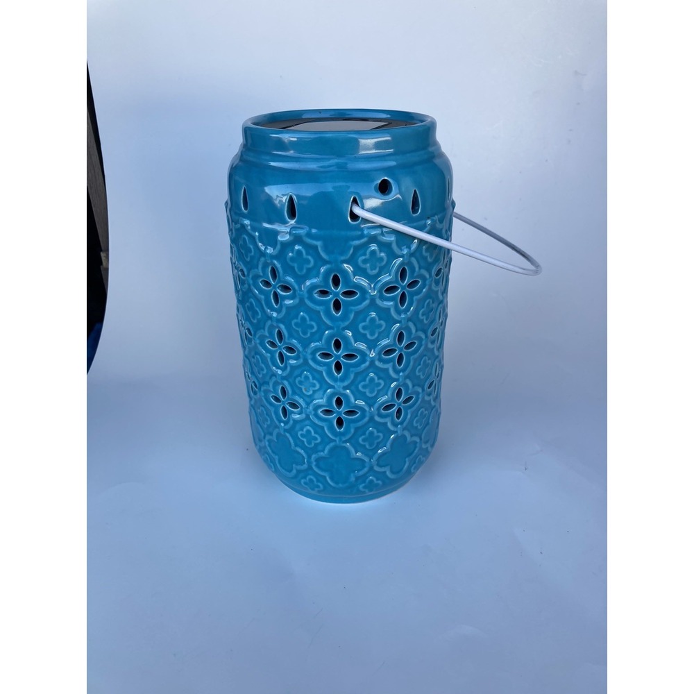 candle holder Or Solor Inside outside decor teal prism wire handle 9"x5"